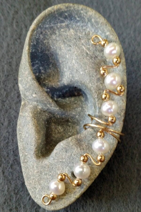 Wedding Ear Cuff - Long Gold Wire With Pearls Pearl Non Pierced Earring Bridal Wrap Freshwater