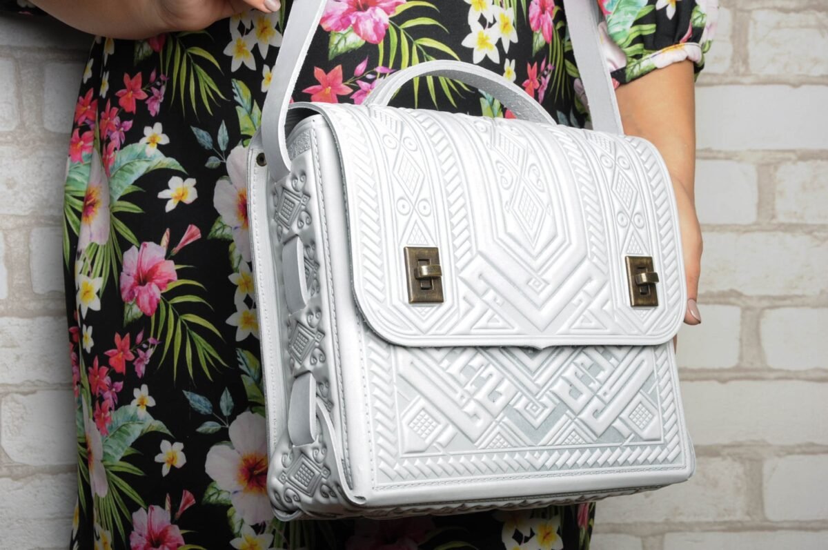 White Leather Satchel Embossed Geometric Crossbody Bag