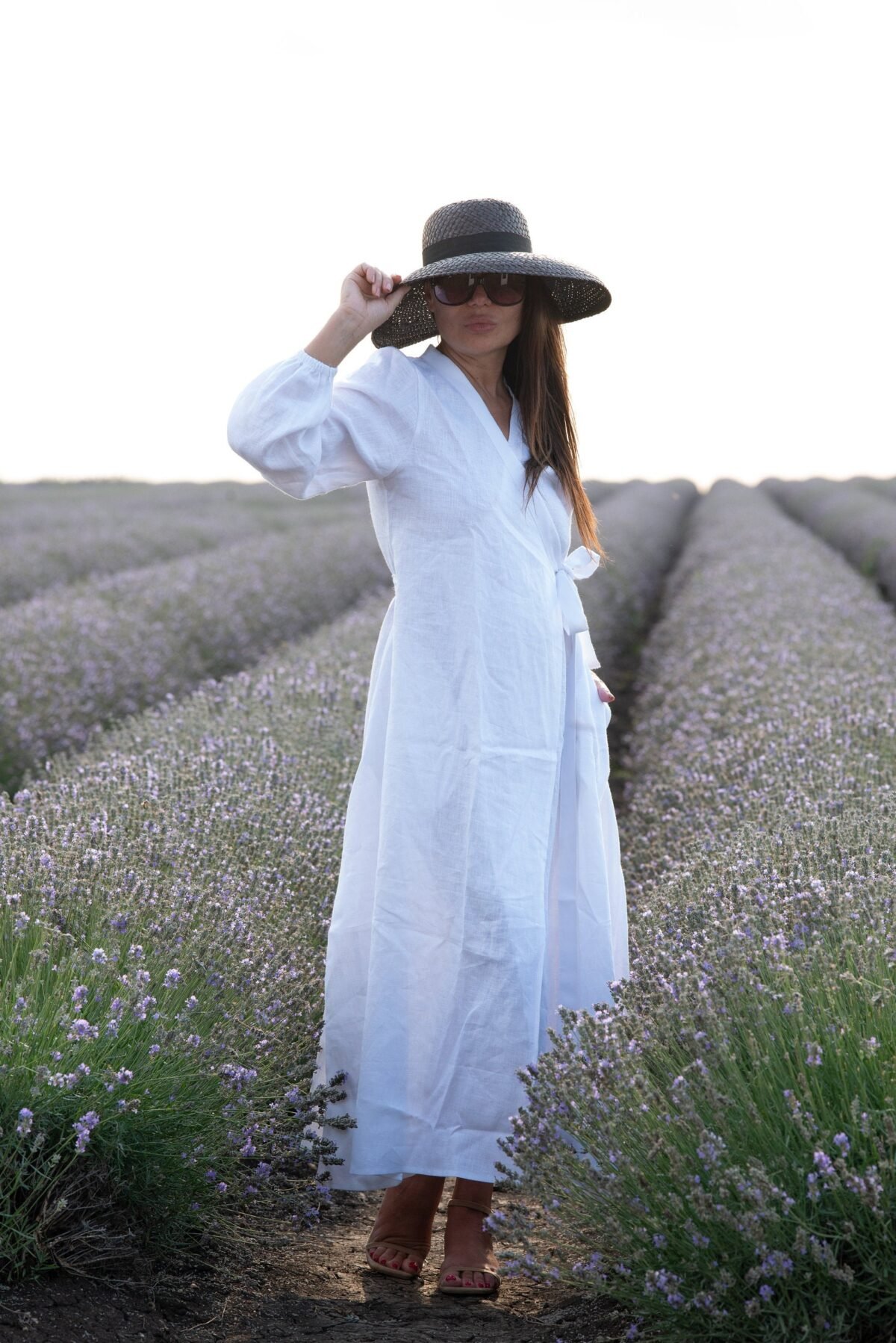 White Linen Prairie Dress, Romantic Wrap Dress, Cottage Core With Pockets, Long Sleeves Napoli - Dr0949Le