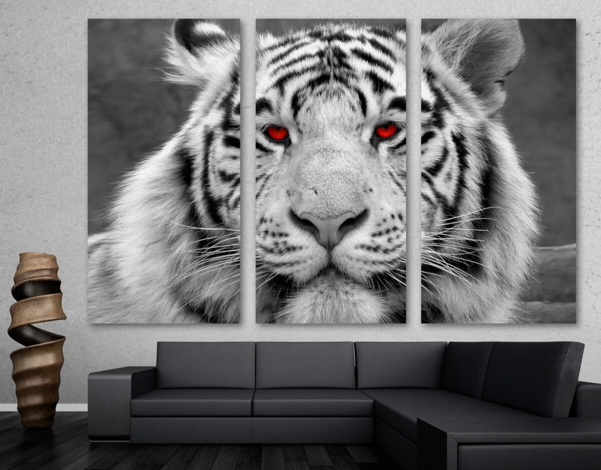 White Tiger Wall Art Closeup Red Eyes Canvas Print. Wildlife Photography, Tiger Print - Giclee Home Art Decor, Wall Interior Design