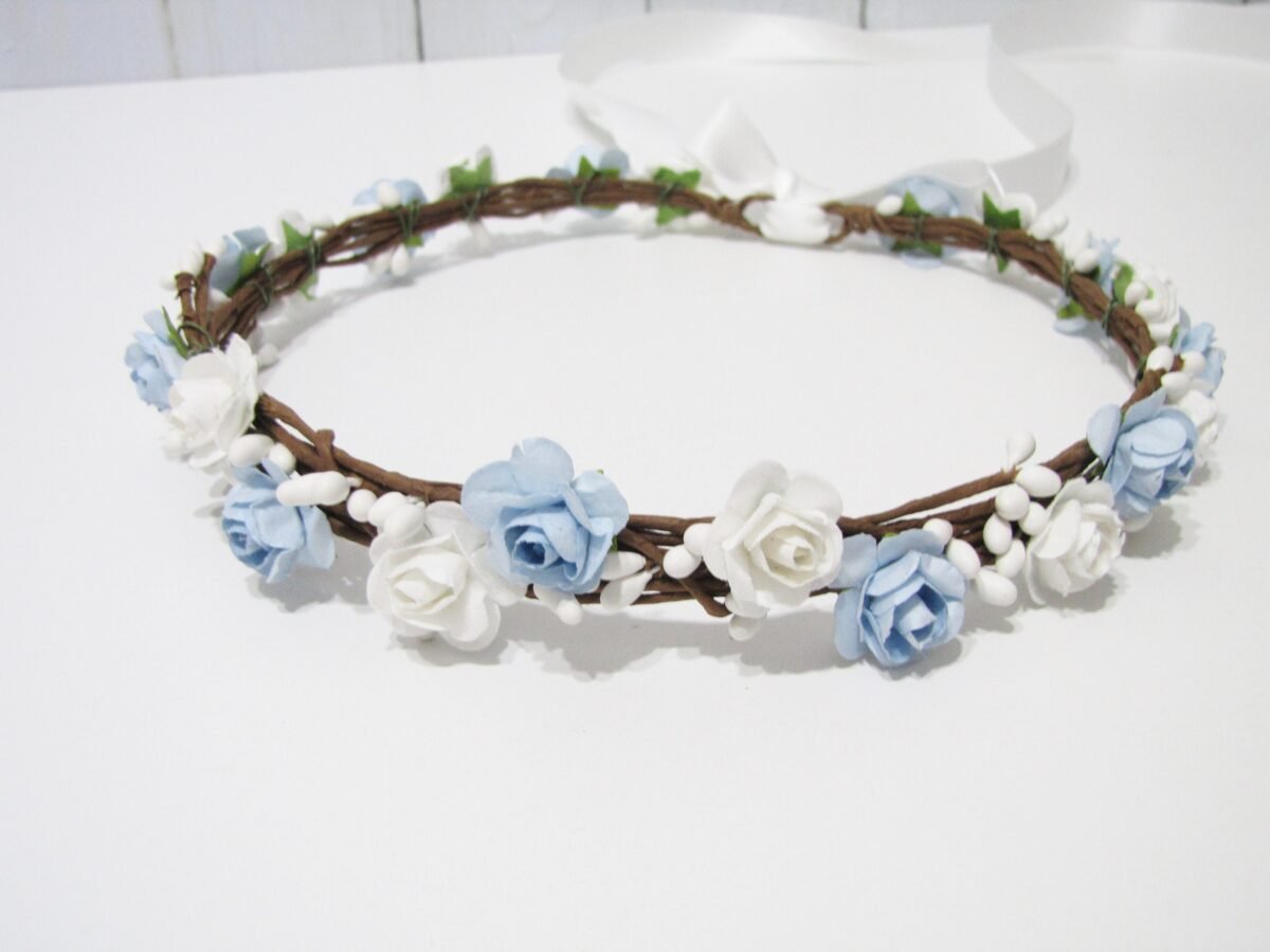 White Wedding Floral Crown, Pale Blue Flower Headband, Head Wreath, Bridesmaid Girl Headband