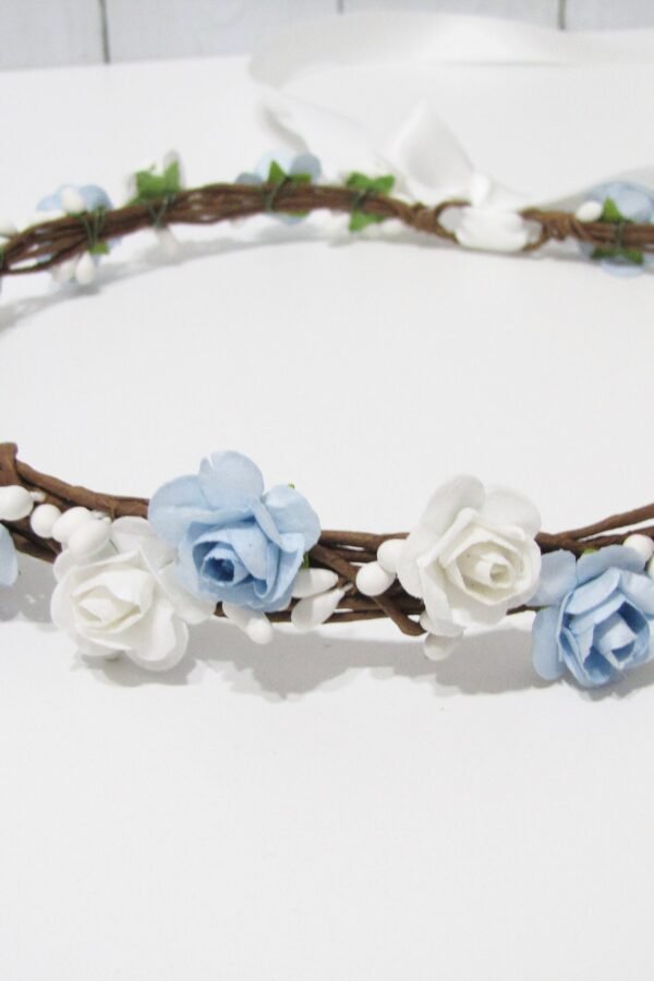 White Wedding Floral Crown, Pale Blue Flower Headband, Head Wreath, Bridesmaid Girl Headband