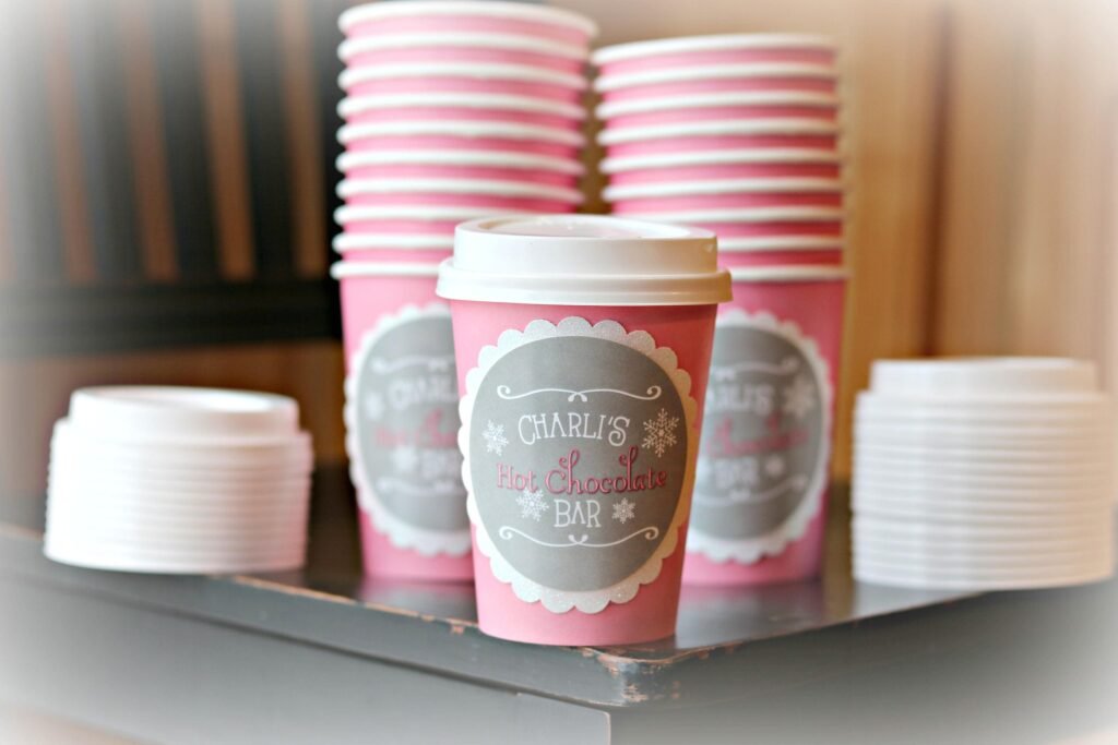 Winter Cocoa Bar, Hot Chocolate Cups, Insulated Baby Shower, Blush Pink Snowflake Party, Onederland, Bar