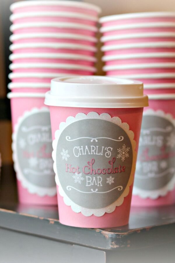 Winter Cocoa Bar, Hot Chocolate Cups, Insulated Baby Shower, Blush Pink Snowflake Party, Onederland, Bar
