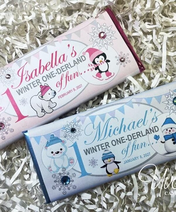 Winter Wonderland Candy Bar Wrappers With Chocolate-Assembled Chocolate Favors-Snowflakes-Girl Or Boy-1st Birthday Onederland-Winter