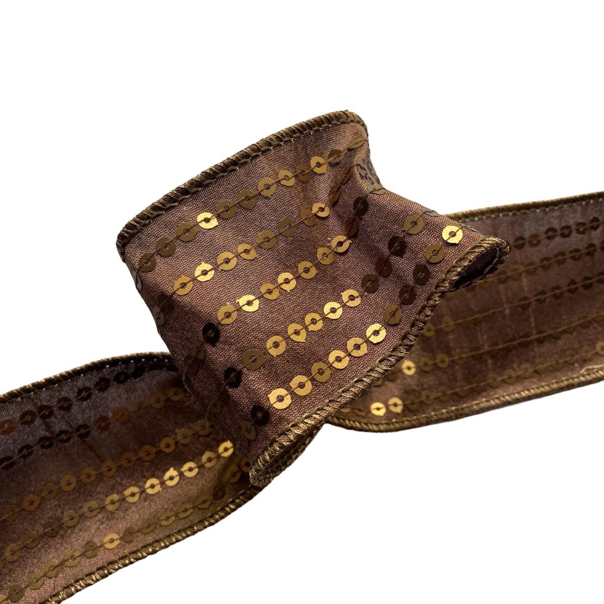 Wired Ribbon 6 Rolls Chocolate Brown With Brass Sequin Stripes 2.5" Wide 5 Yards 1/2 Price