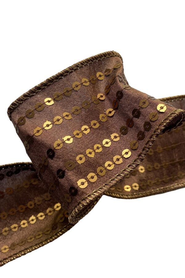 Wired Ribbon 6 Rolls Chocolate Brown With Brass Sequin Stripes 2.5" Wide 5 Yards 1/2 Price