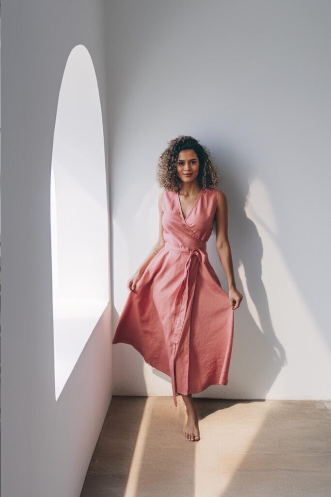 Women Linen Dress With Pockets, Midi Dress, Wrap Pink Sleeveless Tie Waist, Clothing For