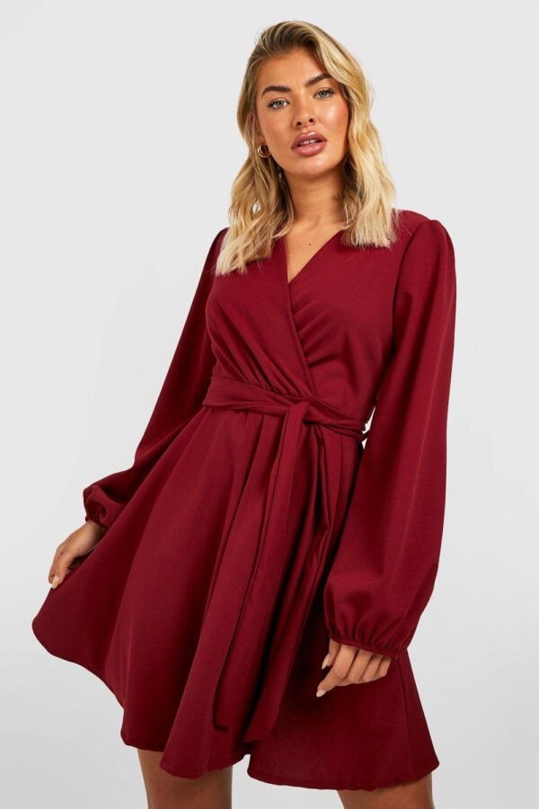 Womens Balloon Sleeve Wrap Mini Skater Dress - Red - 4