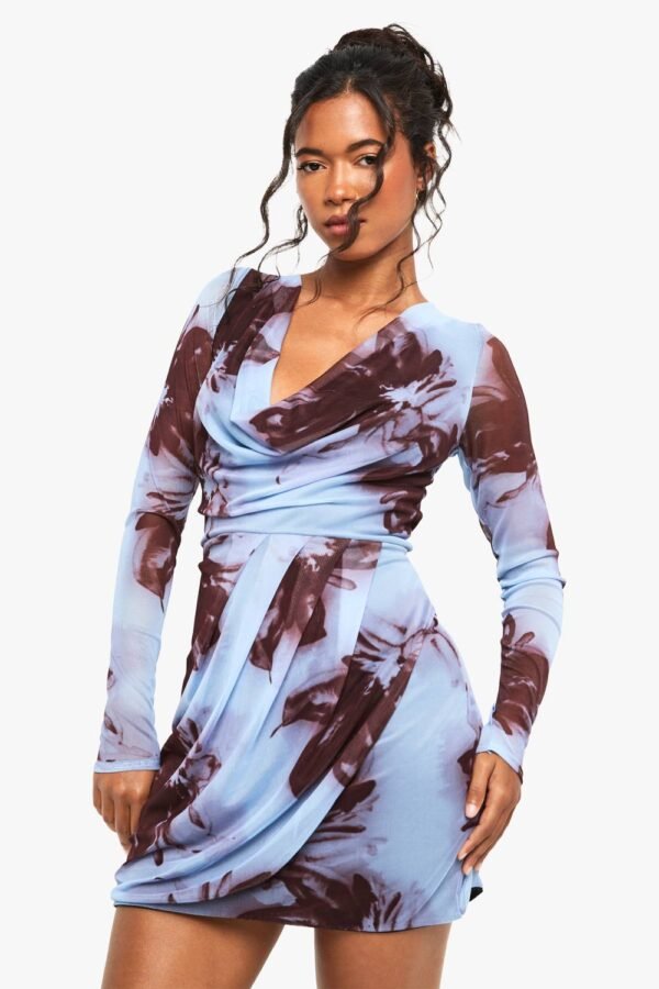 Womens Blurred Floral Cowl Wrap Mini Dress - Blue - 6