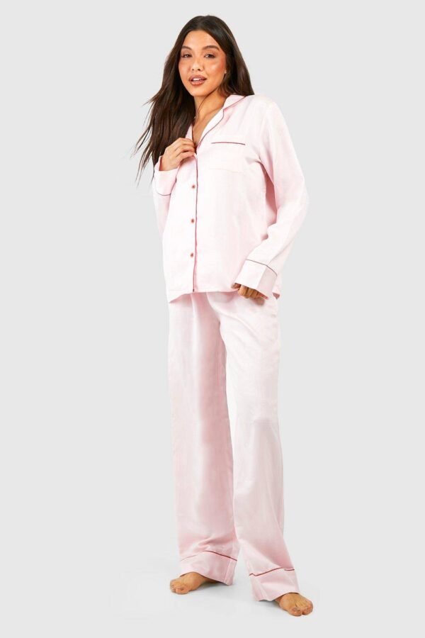 Womens Contrast Pipe Long Sleeve Shirt & Pants Pyjama Set - Pink - 8