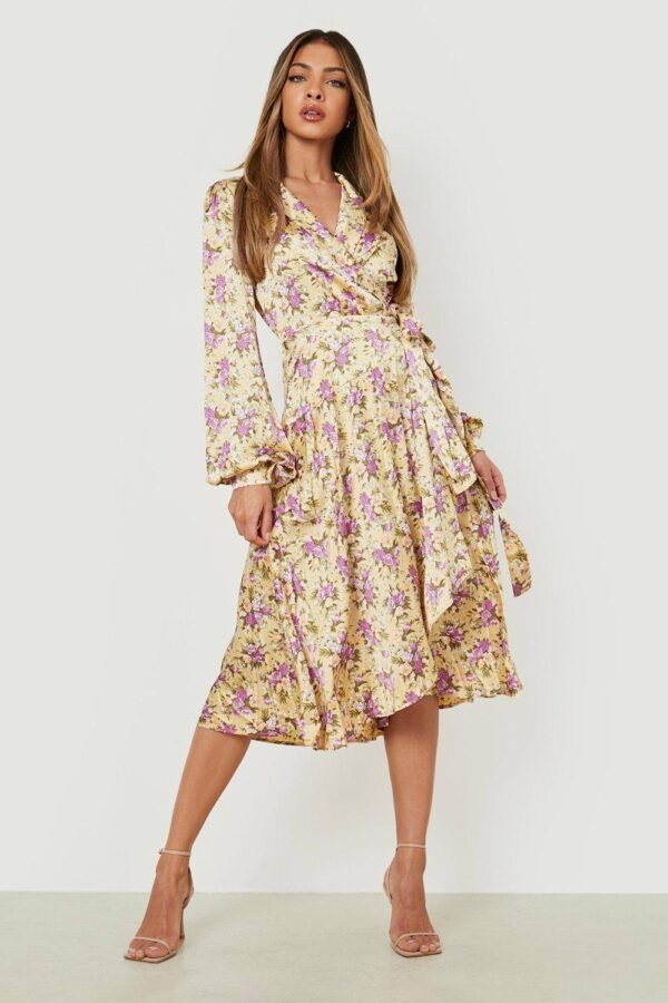 Womens Floral Wrap Belted Midi Dress - Yellow - 12
