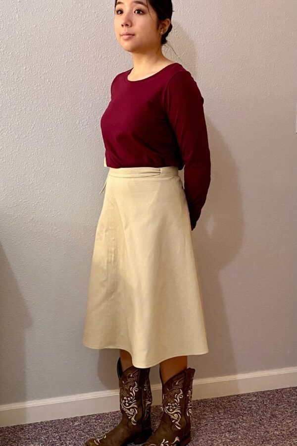 Womens Modest Below The Knee Khaki Twill A-Line Wrap Skirt Size Small