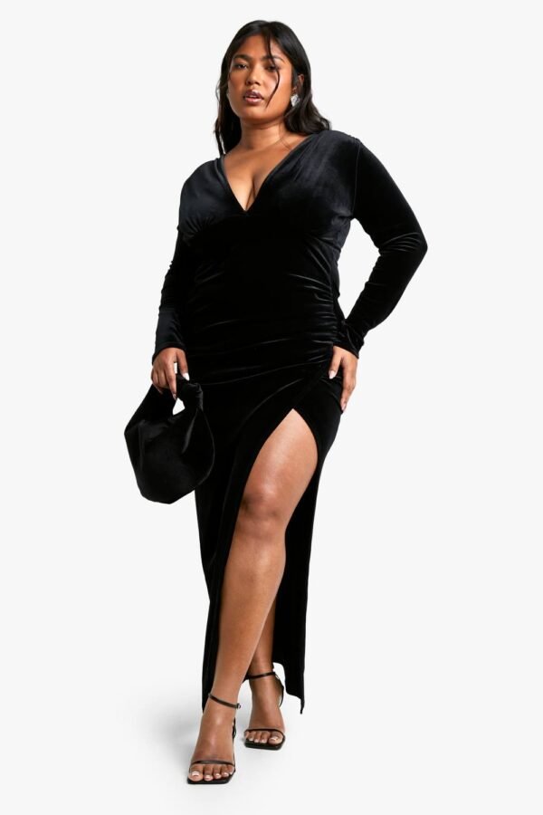 Womens Plus Velvet Wrap Ruched Wrap Maxi Dress - Black - 22