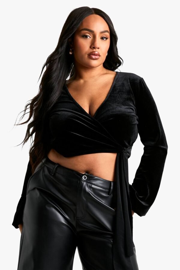 Womens Plus Velvet Wrap Tie Top - Black - 22