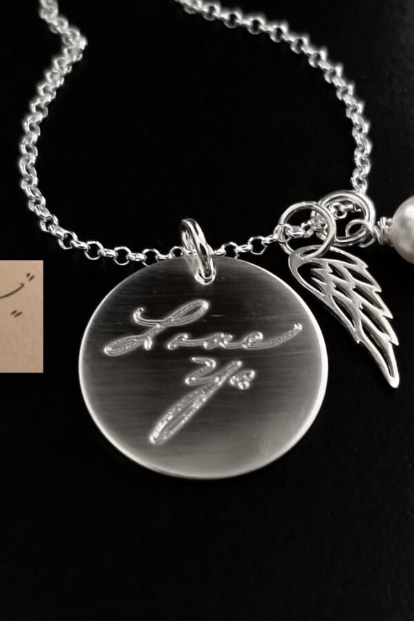 Your Actual Englarged Footprint Signature Handwriting in Sterling Silver Angel Wing Charm Personalized in Loving Memory Memorial Necklace