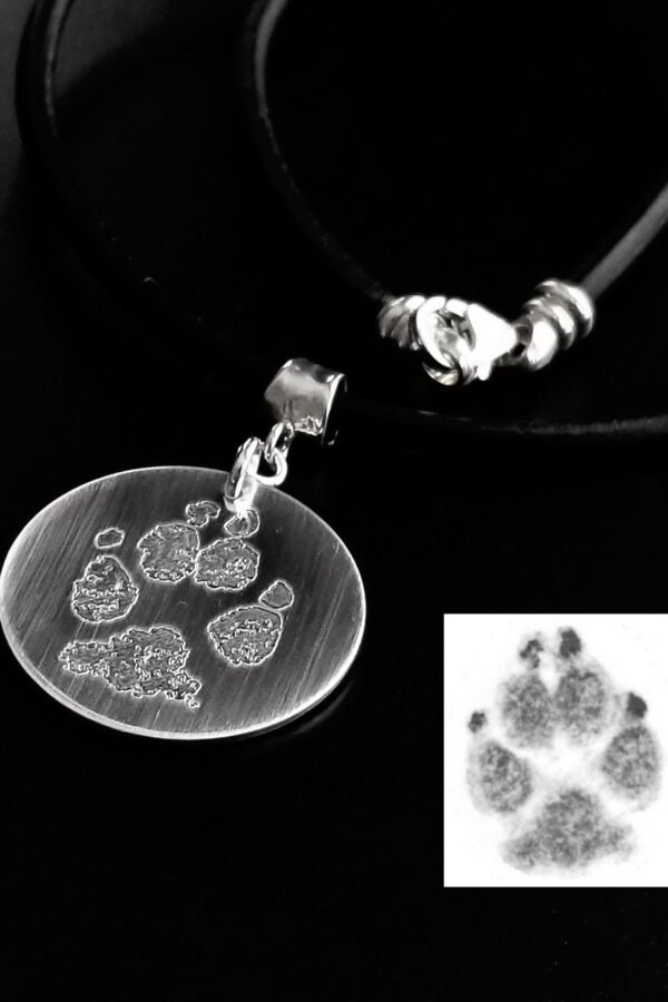 Your Pets Engraved Actual Dog Cat Pet Paw Print in Sterling Silver .925 Personalized Custom Or Forever Memorial Genuine Leather Necklace