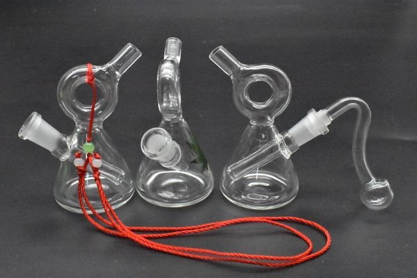 colorful thick Mini Glass tobacco Bongs Water Pipes Pyrex Oil Rigs bong Thick Recycler Nano Bubbler with 10mm female oil bowl Necklace rope