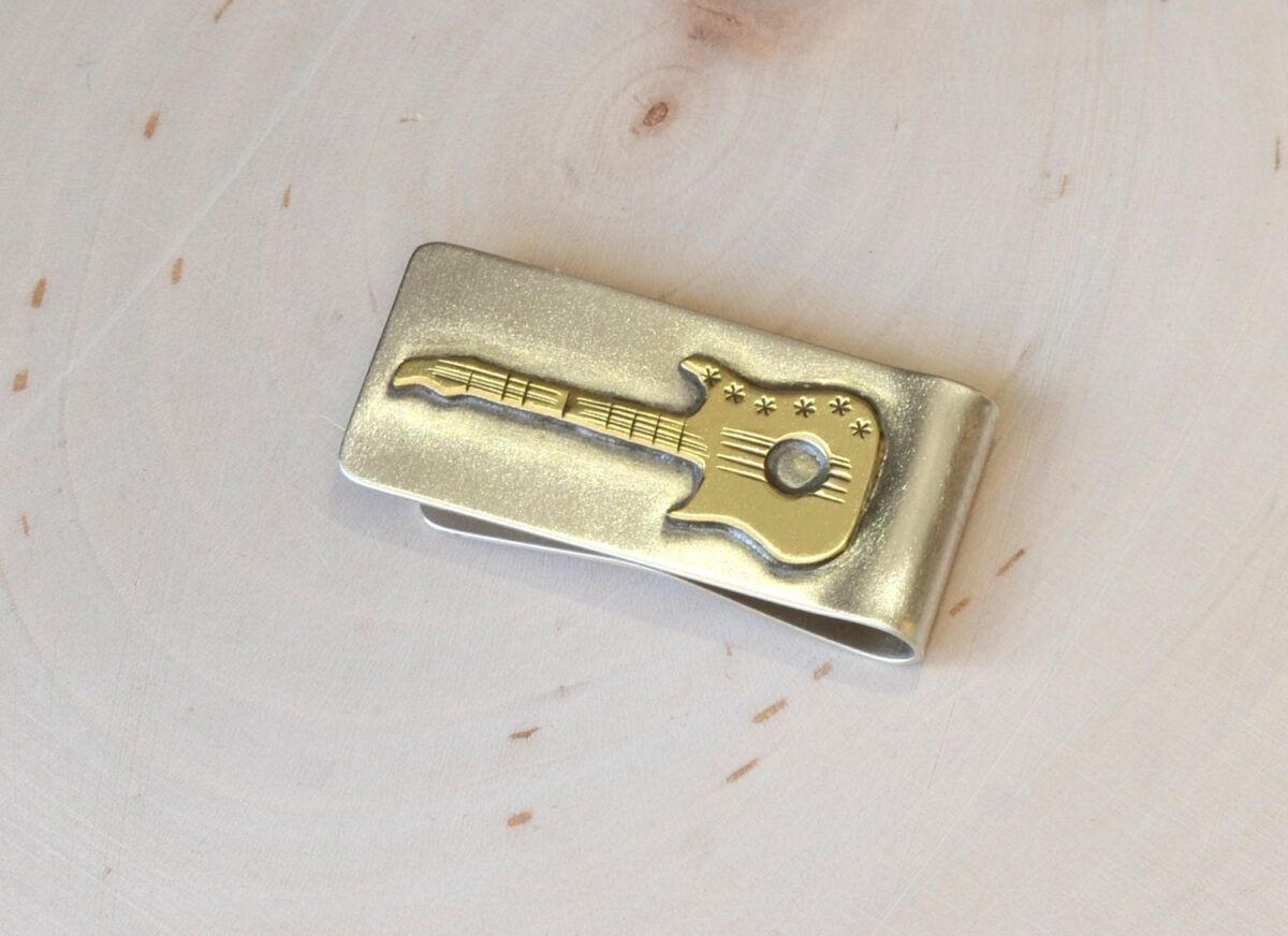 sterling Silver Money Clip Rocking Out A Brass Guitar - Solid 925 Mc098
