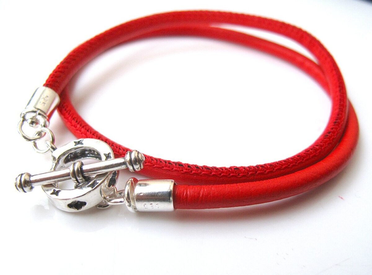 sterling Silver Toggle Red Leather Wrap Bracelet 925 Italian