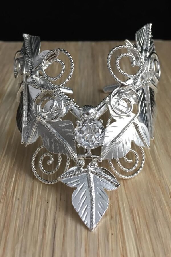 sterling Silver Woodland Cuff Bracelet Elvish Leaf, White Topaz