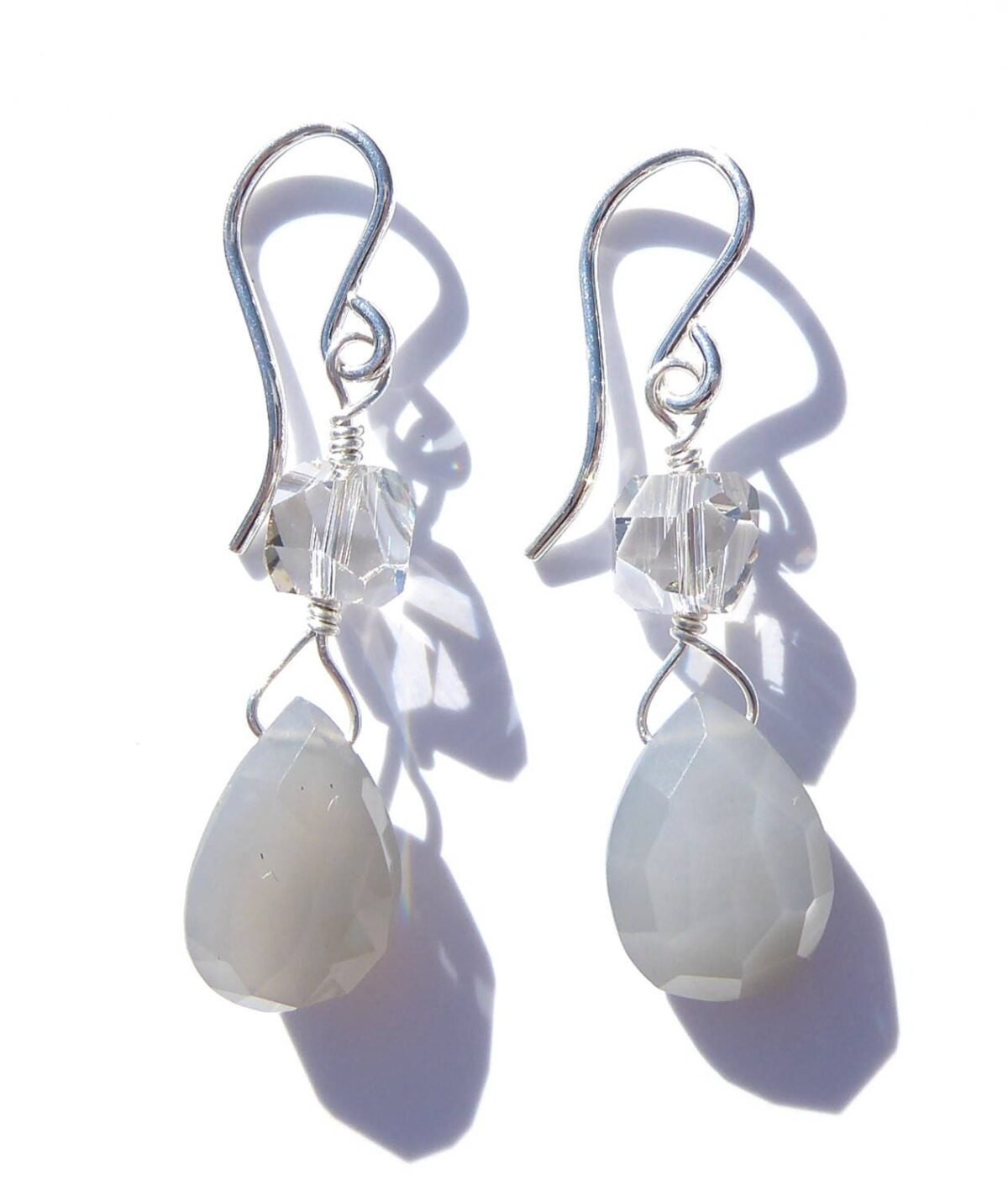 sterling Wire-Wrapped Gray Moonstone Earrings With Swarovski Crystals