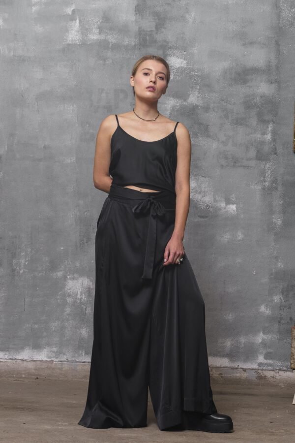 stunning Black Silk Costume Women Camisole & Wrap Pants, Natural Pant Suit Two Piece Set