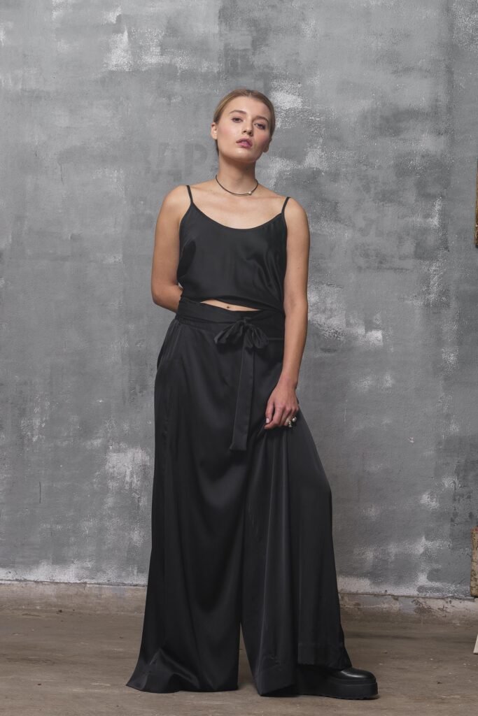 stunning Black Silk Costume Women Camisole & Wrap Pants, Natural Pant Suit Two Piece Set