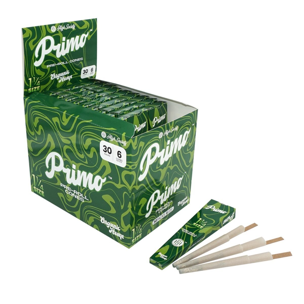High Society - Primo Organic Hemp Pre-Roll Cones with Filter - 1.25"" - Box of 30 Units