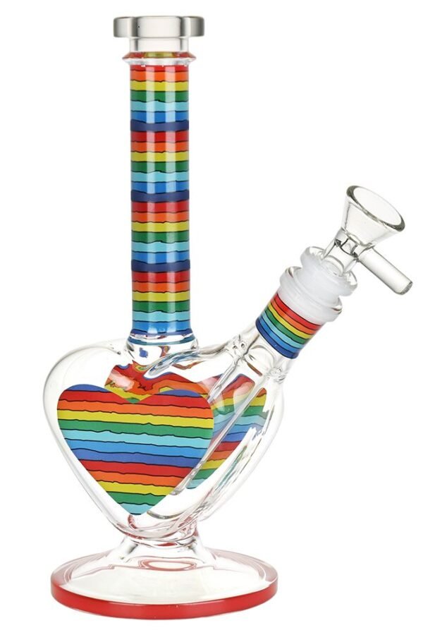 Rainbow Striped Heart Glass Water Pipe - 8.5"" / 14mm F