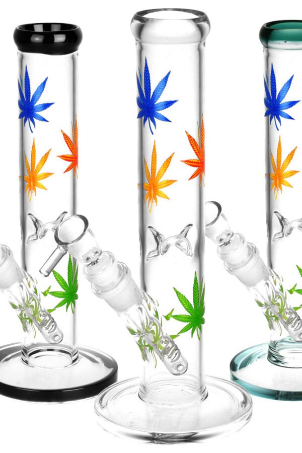 Hemp Leaf Straight Tube Water Pipe - 9.75""/14mm F/Clrs Vry