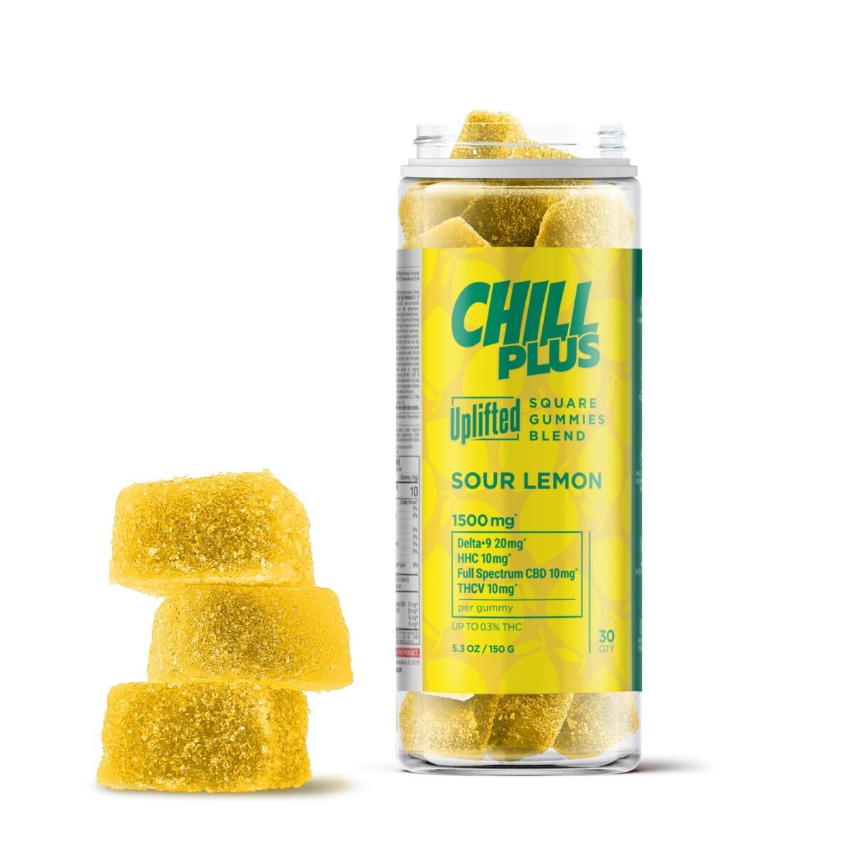 50mg Uplifted Gummies - D9, HHC, Full Spectrum CBD, THCV - Chill Plus (Sour Lemon, 1500mg)
