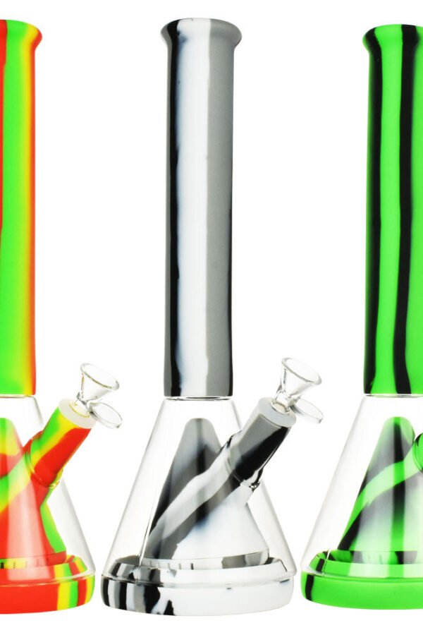 Striped Silicone & Glass Water Pipe - 14""/14mm F/Colors Vary